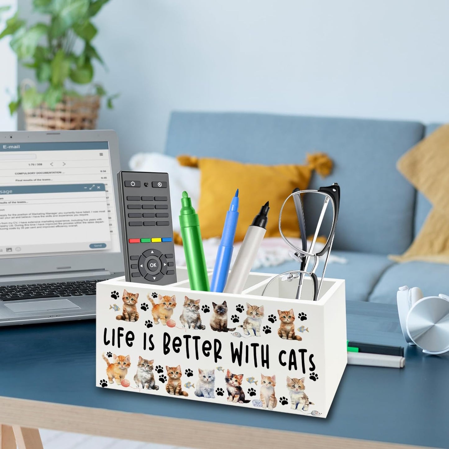 Cat Pen Pencil Holder Organizer for Desk, Cat Lovers Mom Lady Gifts for Women, Life Is Better with Cats Wooden Box Signs Decorations for Home Office Desk Tabletop, Gifts for Pet Lovers