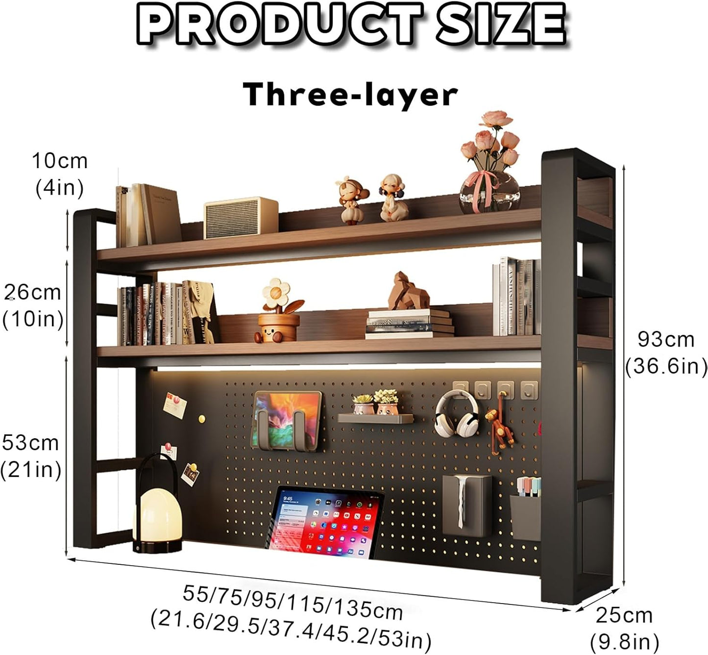 2-Tier Computer Desktop Bookshelf, Metal and Wood Desk Organizer Shelf with Pegboard, Small Freestanding Rack for Gaming, Study, and Display, for Home Office and Dorm