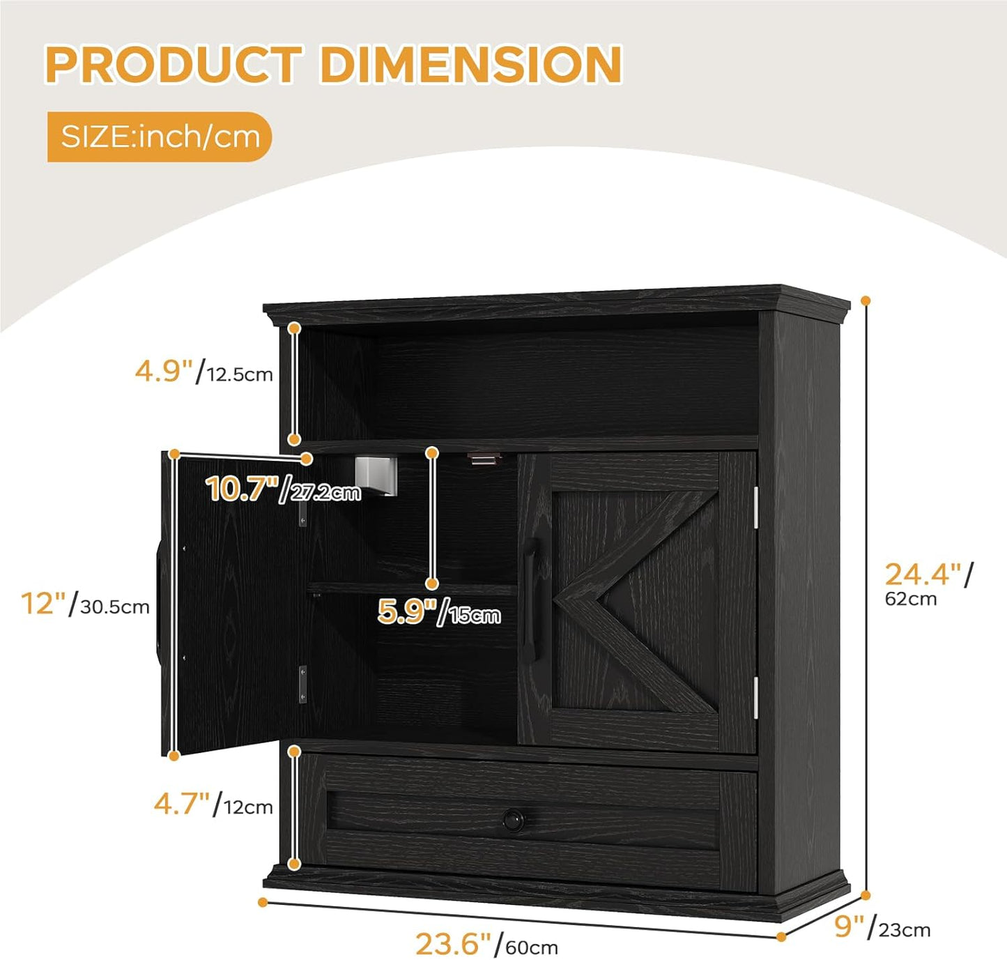 Bathroom Wall Cabinet, Wall Mounted Medicine Cabinet with Drawer, Barn Door & Adjustable Shelf, 24.4"H x 23.6"W x 9"D Black Over Toilet Farmhouse Storage Cabinet for Kitchen, Laundry, Entryway