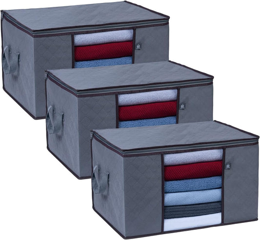 VENO 3 Pack Extra Large Clothes Storage Bag Organizer with Reinforced Handle Thick Fabric for Comforters, Blankets, Bedding, Foldable with Sturdy Zipper, Clear Window, Grey, Reusable (24 Gallon)