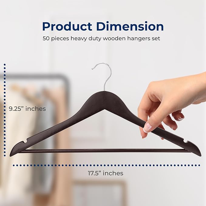 SereneLife 50 Brown Wooden Hangers Non-Slip Heavy Duty Suit and Coat Hanger Set with Chrome 360° Swivel Hook Notches Design for Closet Organization Clothes Pants Durable 10 lb Capacity