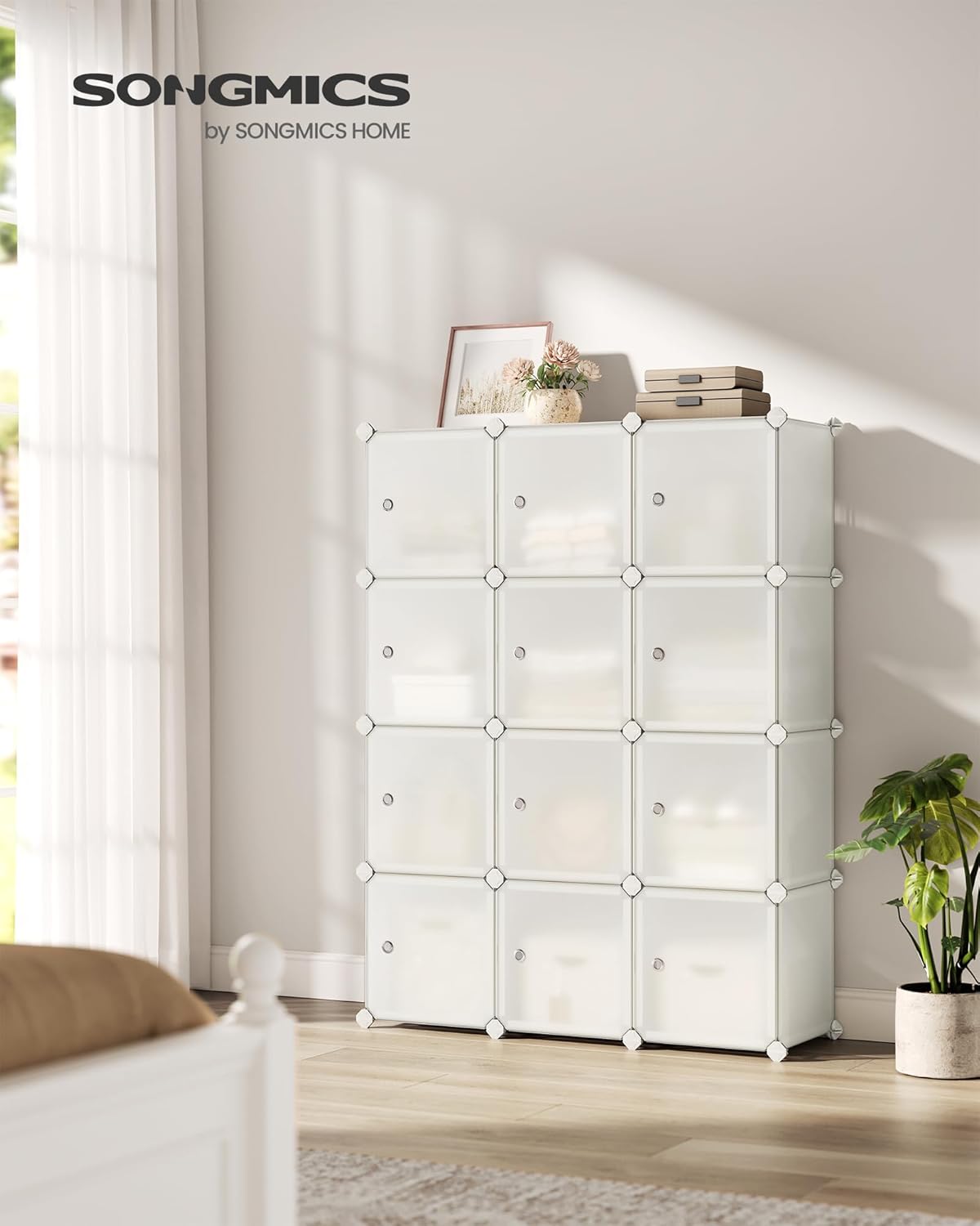 SONGMICS Cube Storage Organizer, Set of 12 Plastic Cubes, Closet Storage Shelves, DIY Plastic Closet Cabinet, Modular Bookcase, Shelving with Doors for Bedroom, Living Room, Cream White ULPC342W02