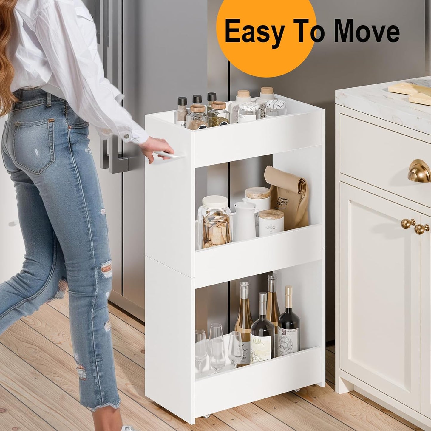 MARTY Wood Rolling Storage Cart 7.9" W, 3 Tier White Slim Utility Kitchen Cart on Wheels Laundry Room Bathroom Organizers Narrow Shelves with Handle Mobile Shelving Unit for Small Places