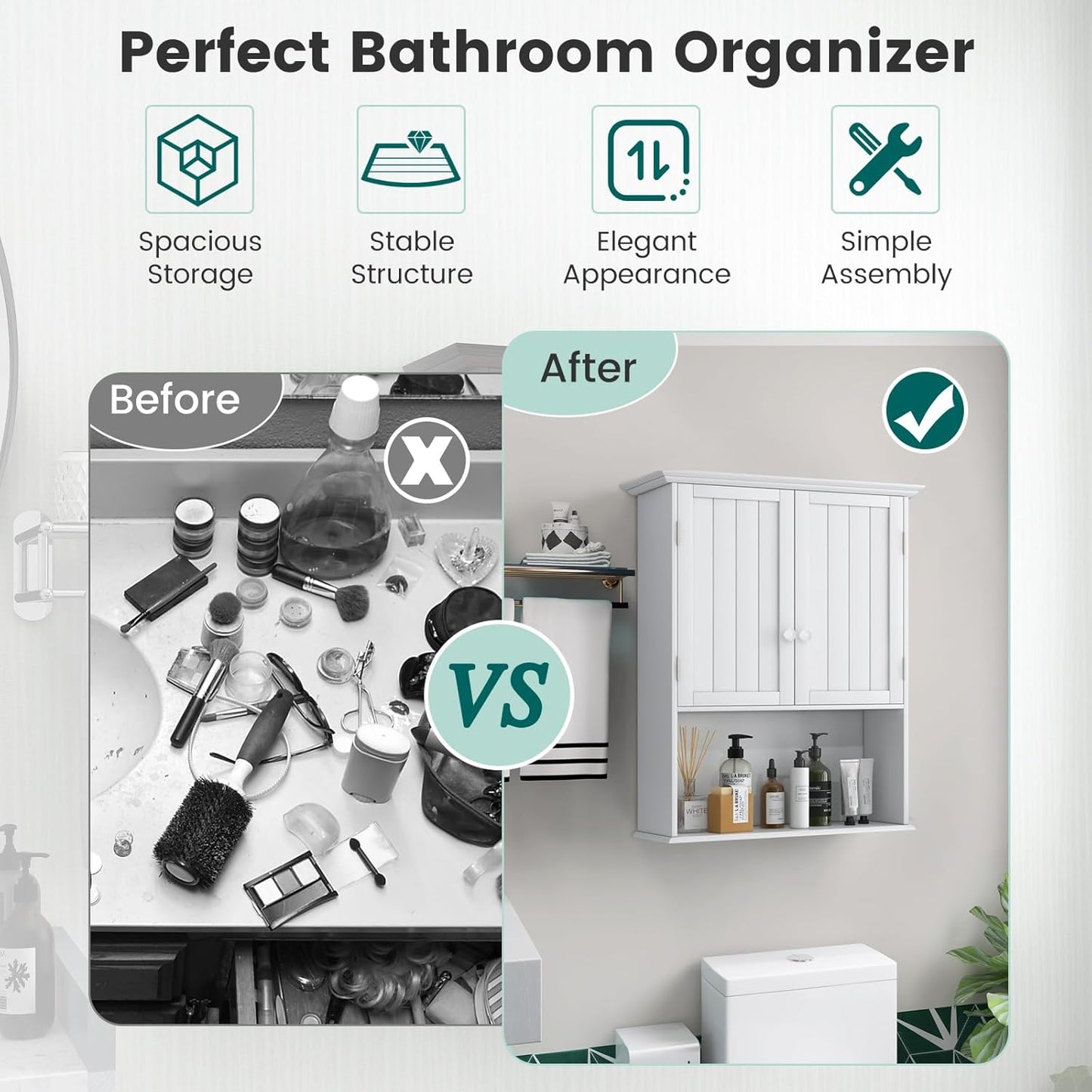 Giantex Medicine Cabinets, Wall Mounted Bathroom Cabinet with Adjustable Shelf, 2-Door, Bathroom Storage Cabinet Over The Toilet, Living Room, Kitchen, Laundry Room, Cupboard (White)