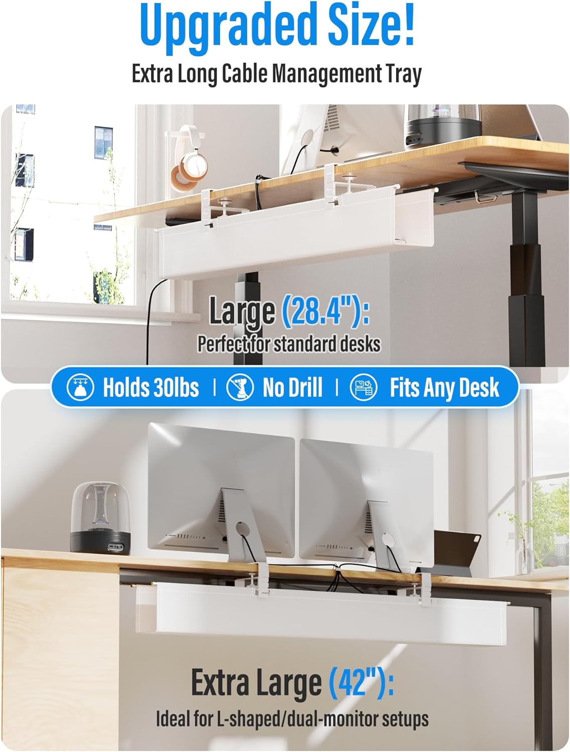 [Upgraded] Large Under Desk Cable Management Tray, Cinati Cable Management Under Desk No Drill, 42" Fabric Cord Hider for Wire Organizer, Cord Organizer for Office, Home - Supports Up to 30lbs White