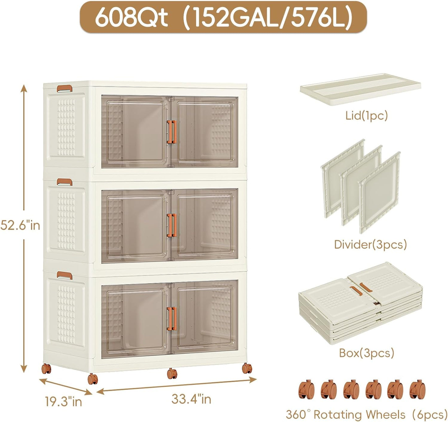 JEKO&JEKO 608Qt Foldable Storage Bins with Lids, Doors & Dividers, Stackable Plastic Drawers with Wheels for Home, Closet & Garage Organizer, 3 Pack, Cream