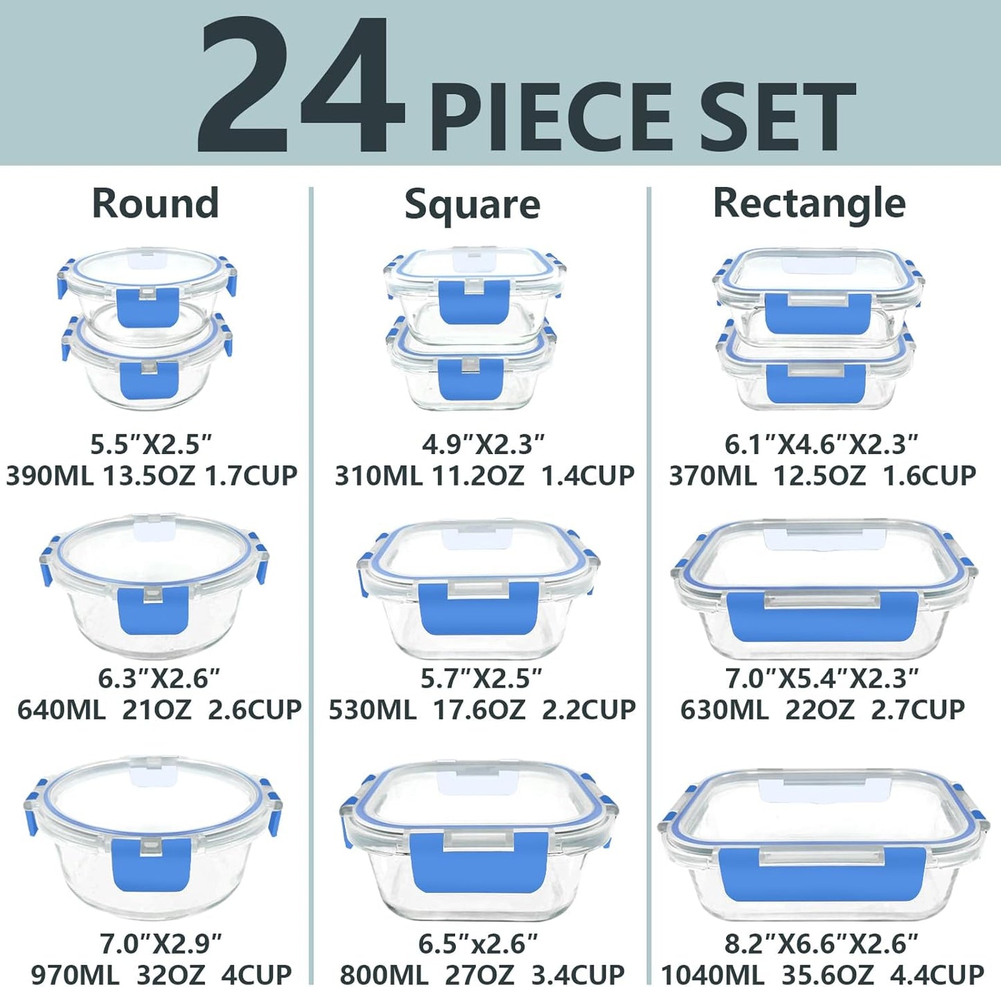 12 Pack Glass Food Storage Container Set with Lids Airtight, Stackable Meal Prep & Leftover Containers, Lunch Box for Microwave, Oven, Freezer and Dishwasher (Blue)