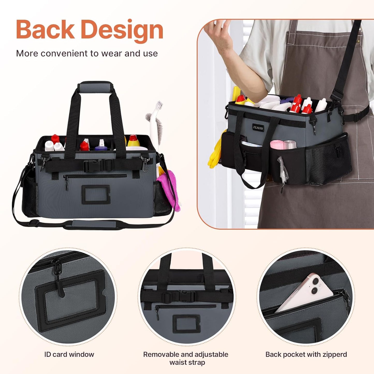 Large Wearable Cleaning Caddy Bags,Cleaning Supplies Storage Bag with Handles and Adjustable Shoulder Strap and Removable Waist Straps,Waterproof Cleaning Bags for Home,Car,Office (Gray)