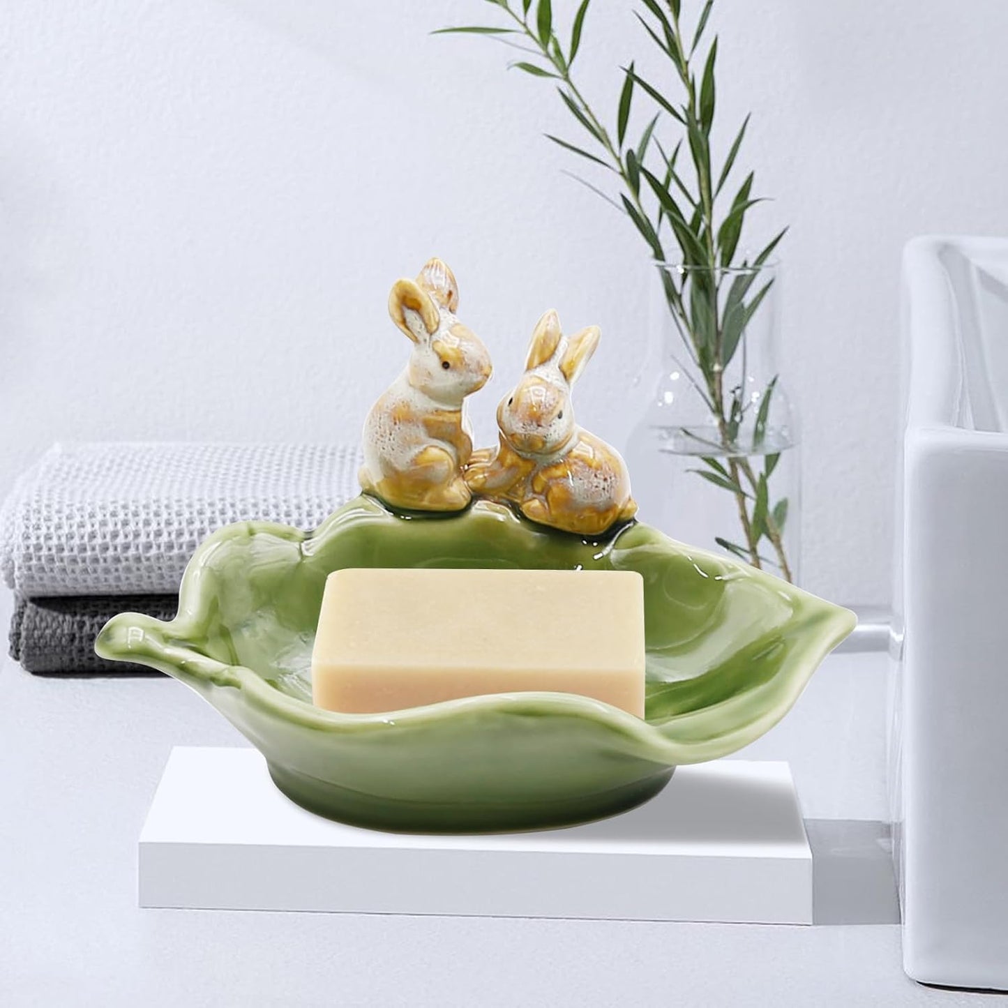 Rabbit Ceramic Soap Dish, Decorative Bunny Soap Plate, Sponge Holder,Key Bowl & Jewelry Tray, Green - Bathroom, Kitchen, Counter Organizer (1 Pack)