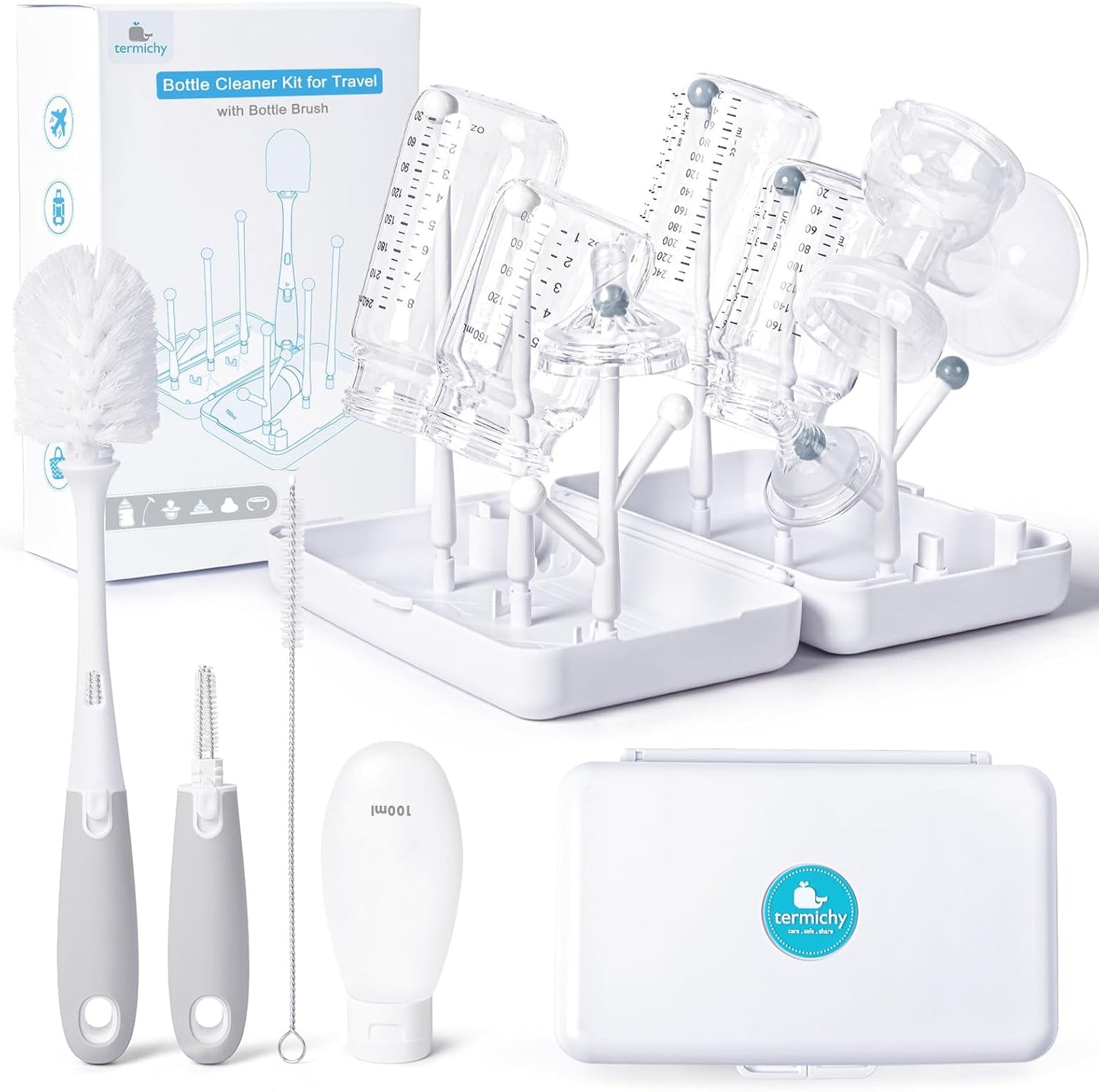 Termichy Travel Bottle Cleaning Kit: Portable Drying Rack & Brush Set for Working Moms - Compact Baby Essentials for Hotel & Camping