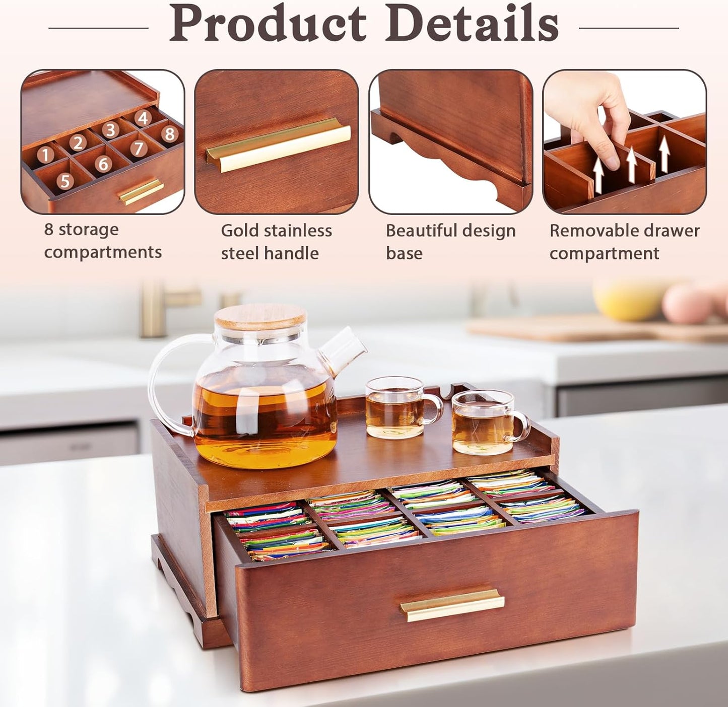 Tea Bag Organizer, Tea Organizers and Storage, Tea Box Organizer Storage Box, Tea Station Organizer for Countertop, Tea Caddy for Wood Tea Holder Organizers for Removable Drawer (Brown)