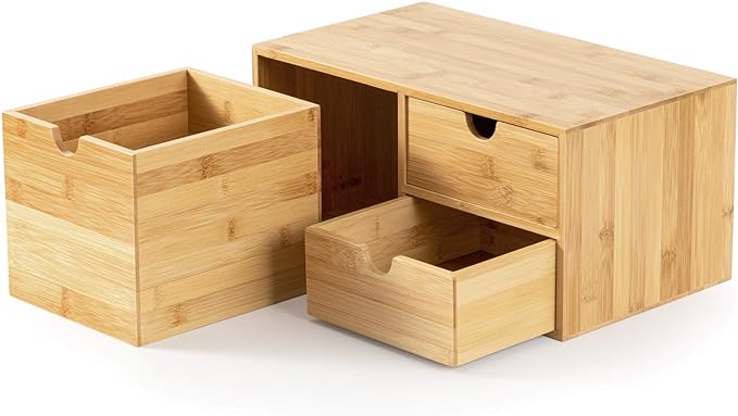 Wisuce Bamboo Desk Organizer - Mini Desktop Drawer Tabletop Storage Organization Box for Office Home Toiletries Supplies, No Assembly Required (3 Drawer with big drawer)
