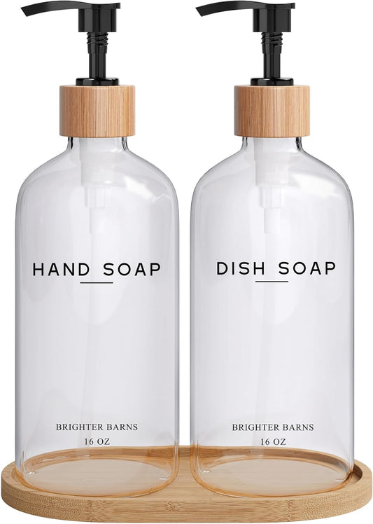 Clear Glass Hand and Dish Soap Dispenser Set by Brighter Barns - Kitchen Soap Dispenser Set with Bamboo Tray - Modern Kitchen Decor, Minimalist Decor (Clear)