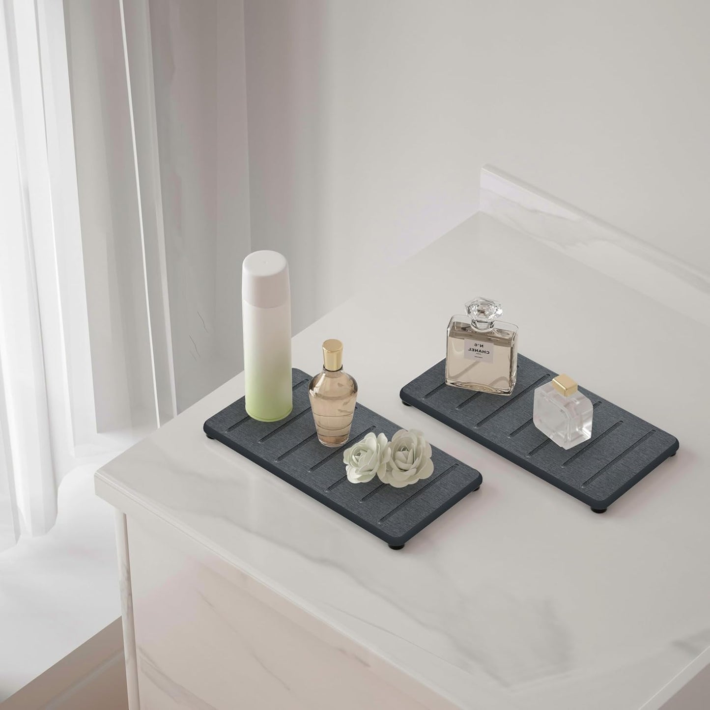 2PCS Water Absorbing Stone Tray for Cosmetics & Hand Soap & Houseplants, 7.9" x 4" Diatomite Coaster, Ultra-Absorbent Sink Tray | Fast-Drying Bathroom & Kitchen Organizer