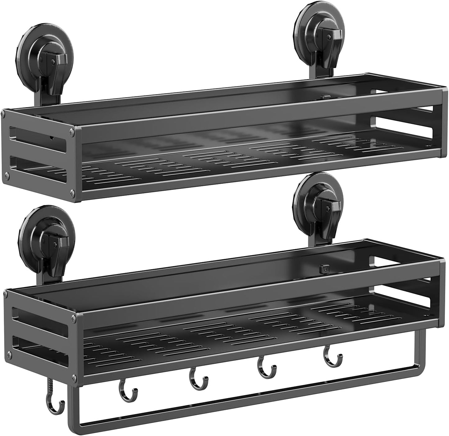 Shower Caddy Suction Cup, 15.7 inch 2 Pack suction shower shelf with Hooks NO-Drilling Bathroom Holder, Rustproof bathroom organizer, Dark Grey