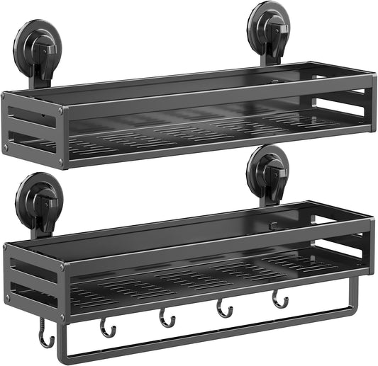 Shower Caddy Suction Cup, 15.7 inch 2 Pack suction shower shelf with Hooks NO-Drilling Bathroom Holder, Rustproof bathroom organizer, Dark Grey