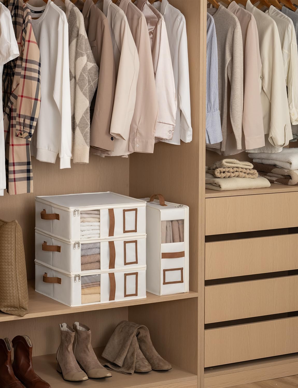 StorageWorks 4-Pack Bed Sheet Organizers and Storage, Foldable Bedsheet Holder for Linen Closet, Bedding Container with Handle, Beige, 15" D x 12¾"W x 5½"H