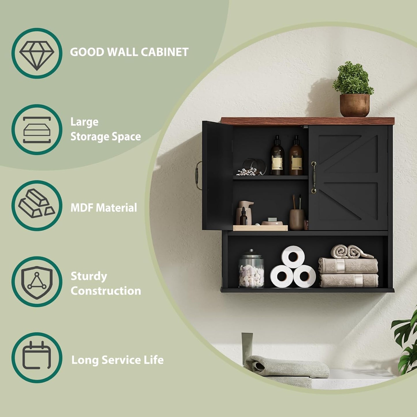 Smuxee Farmhouse Wall Mounted Cabinet, Black Medicine Cabinet with Adjustable Shelf, for Bathroom, Living Room, Laundry Room