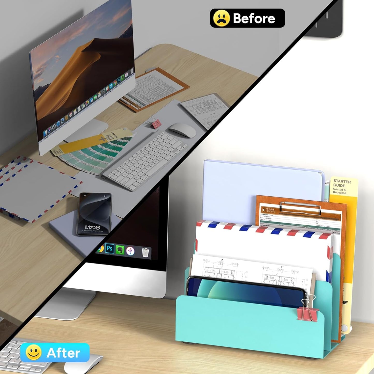 Mail Organizer Countertop, Small Desk File Organizer, Metal File Holder - Essential Workspace Organizers for Office Desk, Home Office (Blue)