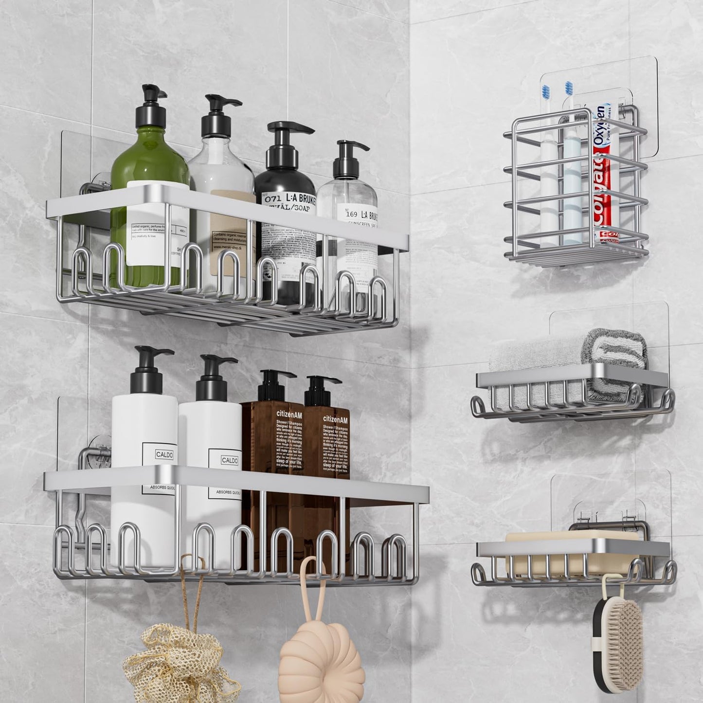 Shower Caddy Organizer Rack Shelf with Soap and Toothbrush Holder,Stainless Steel Organizer for Bathroom Organizers and Storage,No Drilling Wall Mounted Rack Bathroom Caddy Silver,5-Pack