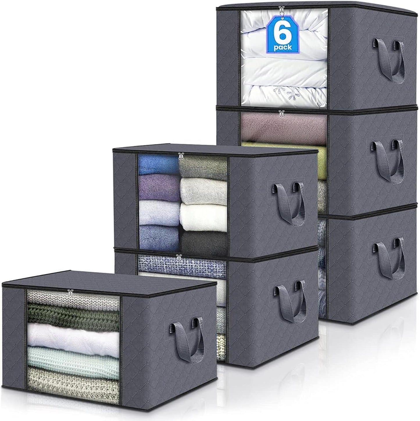90L Large Storage Bags for Clothes,Blanket and Comforter, 6 Pack Foldable Clothes Storage Bins for Closet Organizer, Storage Containers with Handle
