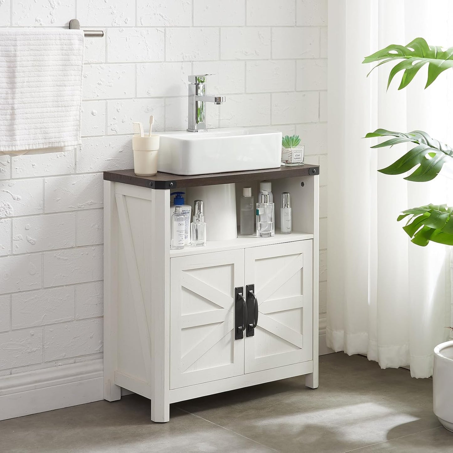 Bathroom Floor Cabinet, Farmhouse Storage Cabinet, Adjustable Shelf, Barn Doors, Cabinet for Bathroom, Kitchen, Living Room(Antique White)