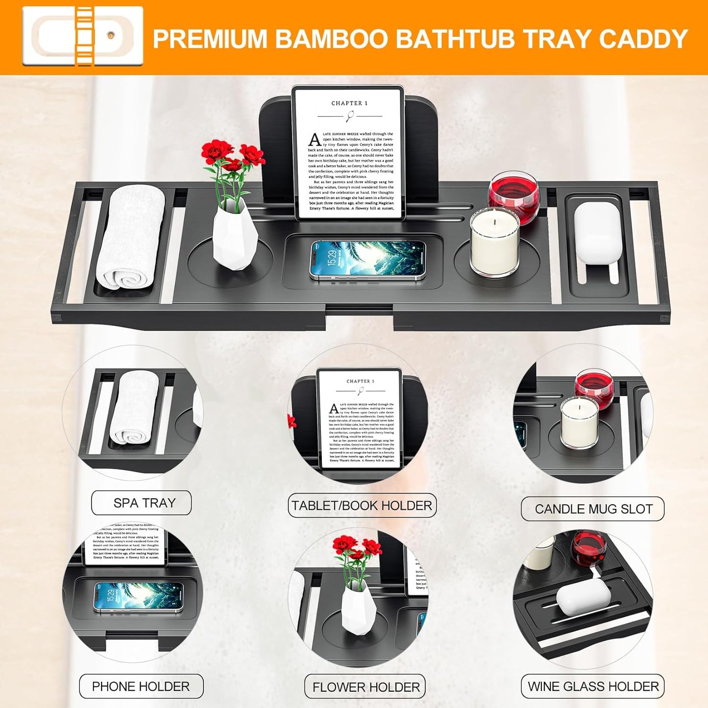 Bathtub Tray Caddy Black- Bath Tray Black - Bath Tub Tray Caddy - Bamboo Bath Tray for Tub - Expandable Size, Fits Most Tubs