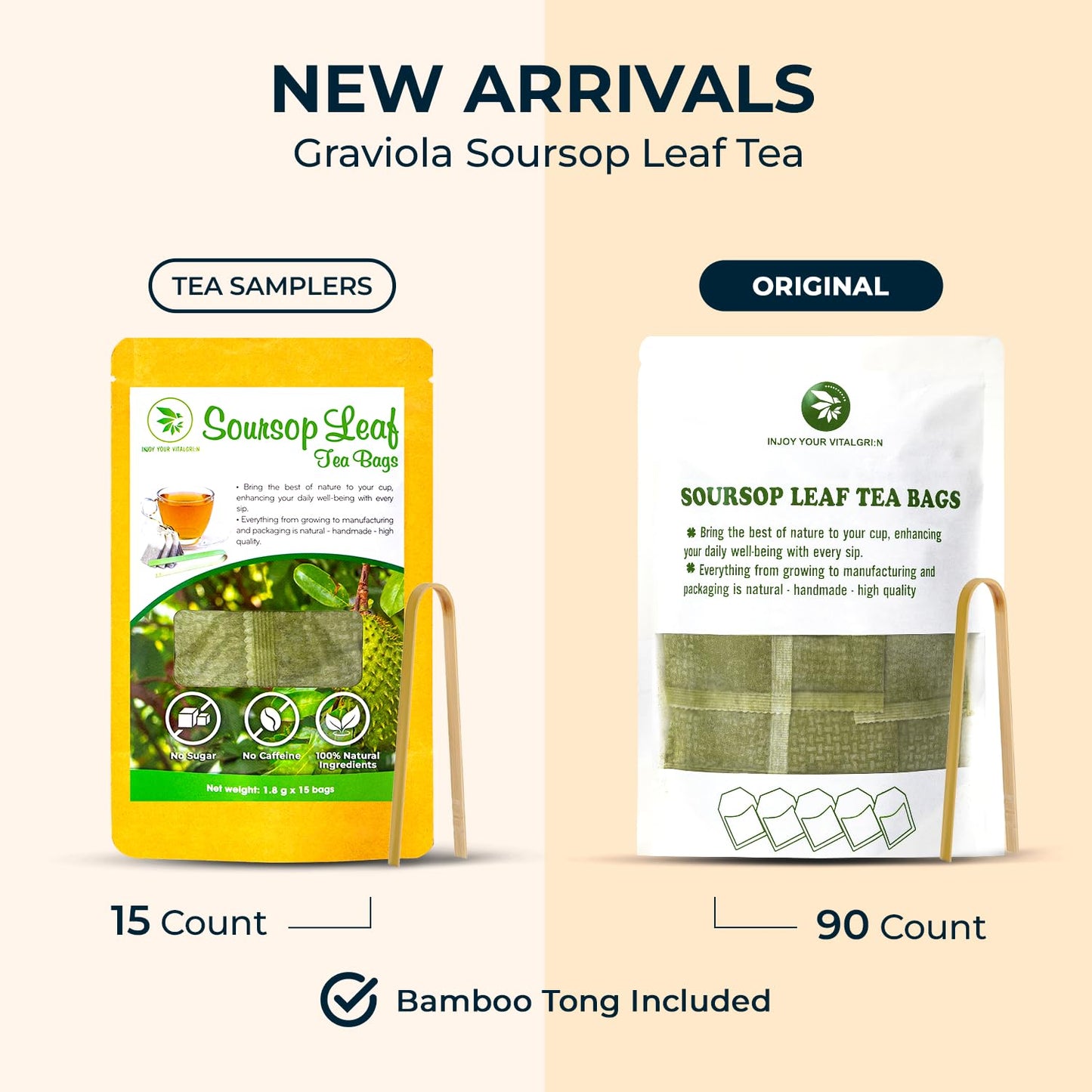 Soursop Graviola Leaf Tea Samplers - 15 Count, Bamboo Tong Included, No Sugar Added, No Caffeine, Re-Steep Morning Herbal Detox Tea for Relax & Refreshing, Hoja De Guanabana Mini Tea Bags