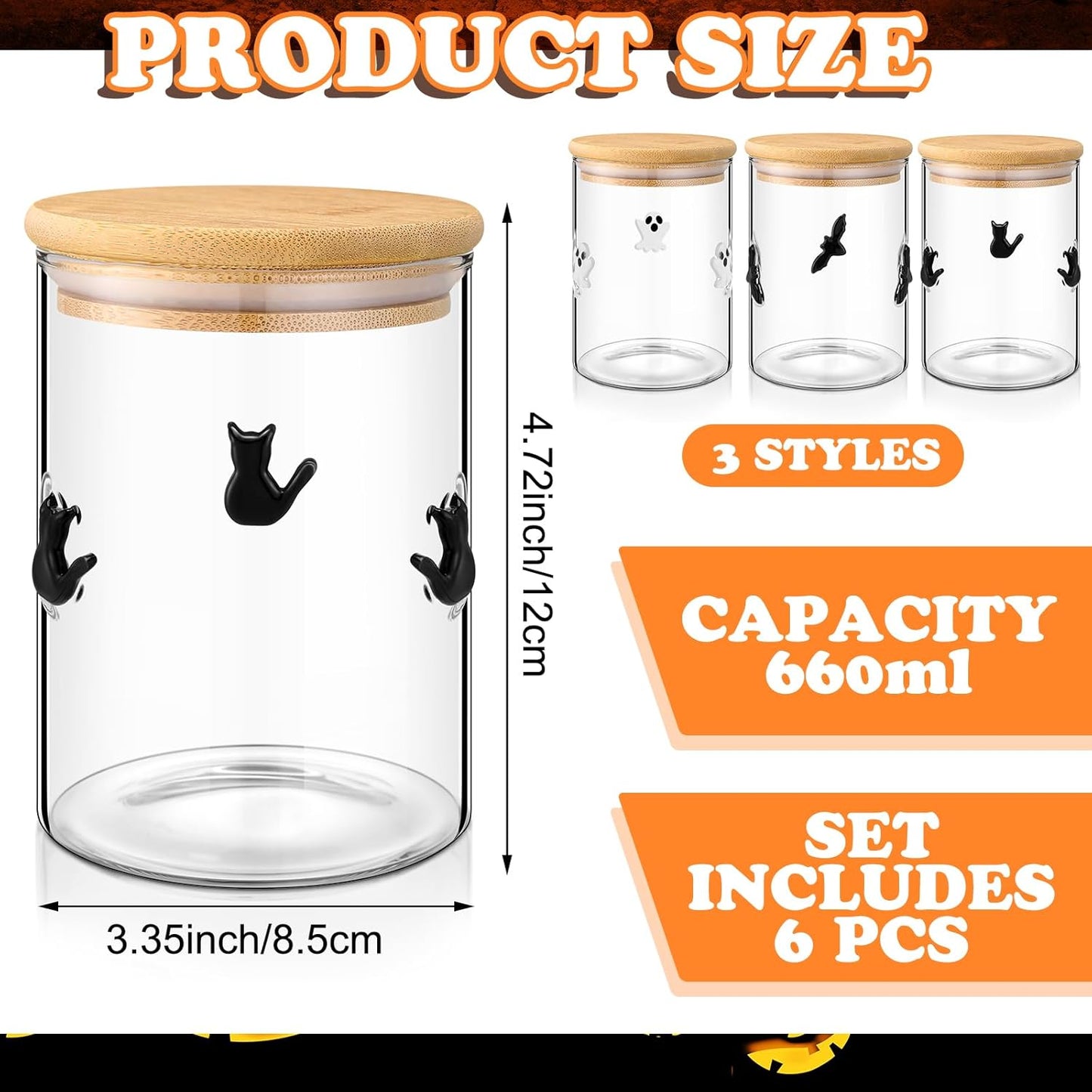 3 Pcs Halloween Icon Glass Storage Jars with Airtight Bamboo Lid Black White Ghost Bat Cat Icon Halloween Glass Jars Canister Sets for Winter Home Kitchen Countertop Decoration