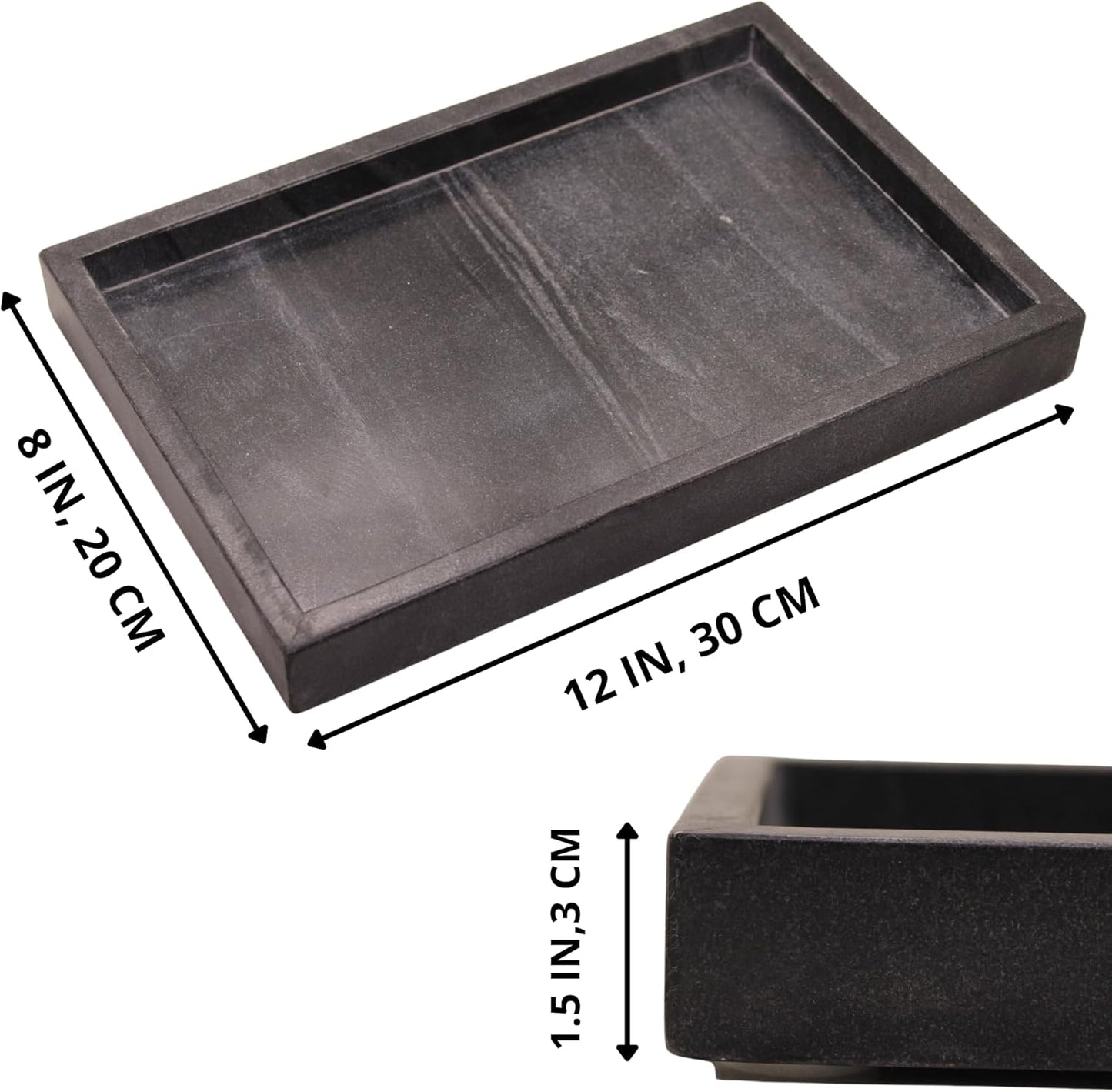 Natural Black Marble Tray for Bathroom | Kitchen | Vanity | Desktop, Stone Organizer for Coffee Table, Dresser, Nightstand, Candles, Soap, Towel, Plant, Jewelry (12" x 8"), Rectangular