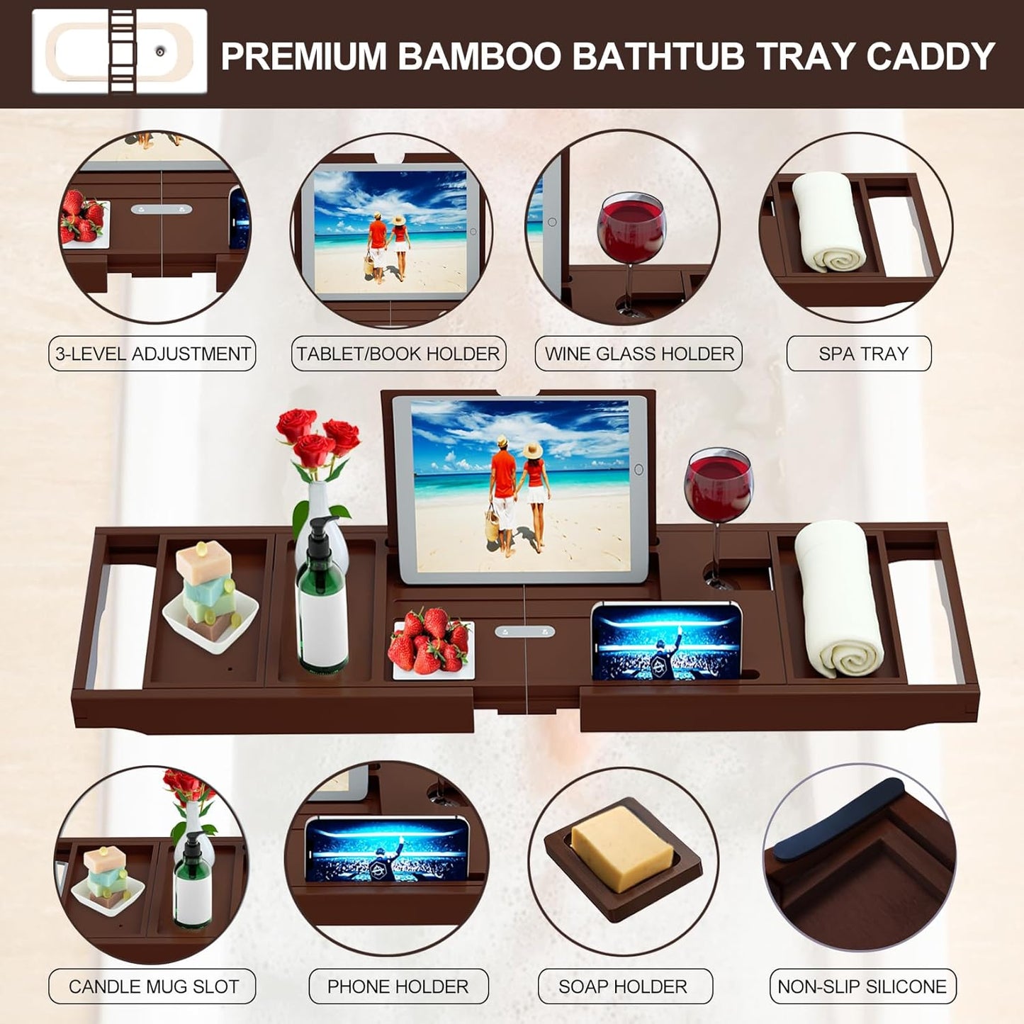 Premium Bamboo Bathtub Caddy Tray - Bath Tray - Bath Tub Tray Table for Bathtub - Expandable Size, Fits Most Bath Tubs - Brown