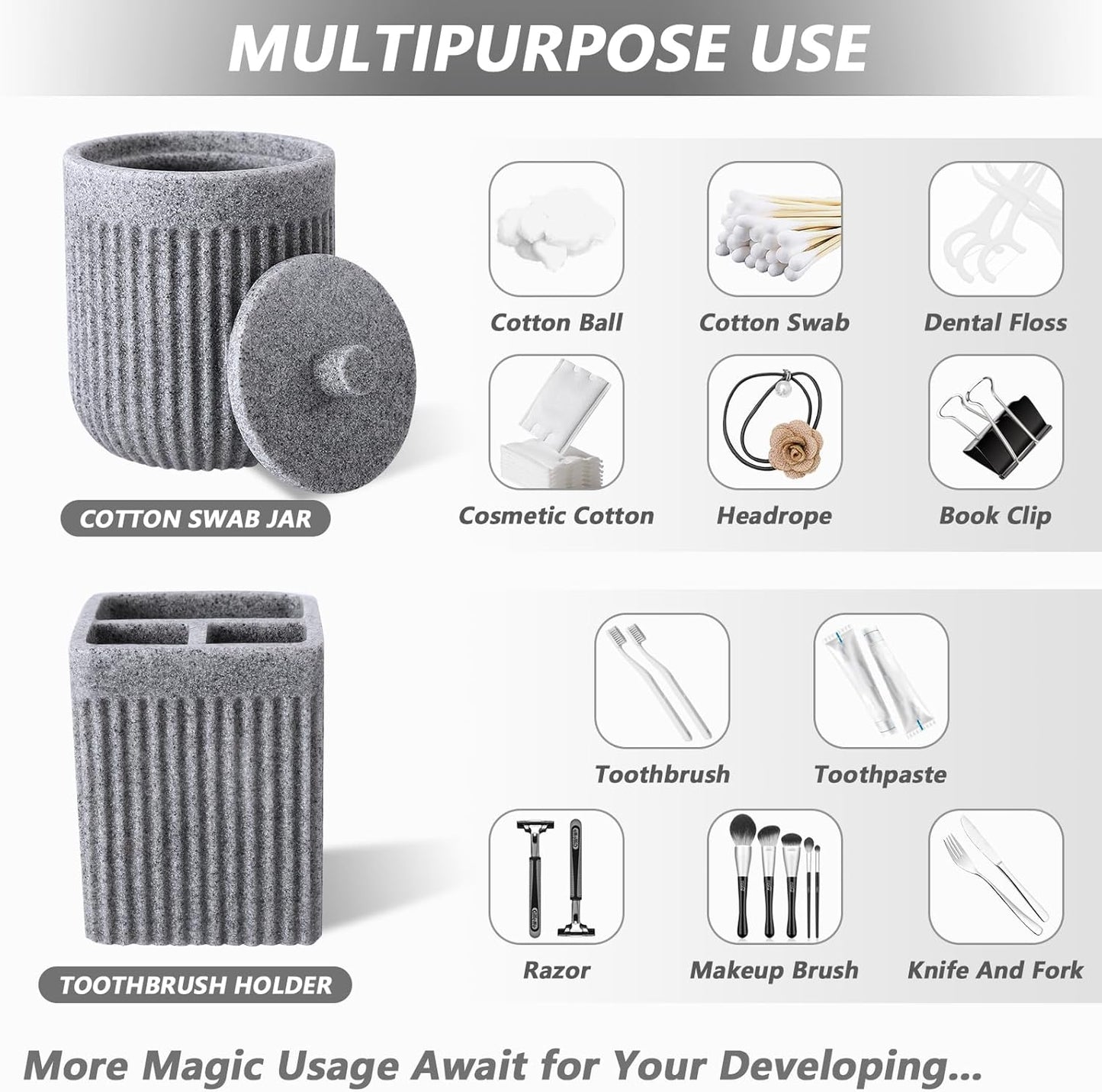 Resin Grey Bathroom Accessories Set 5 Pcs, Lotion Soap Dispenser, Toothbrush Holder, Bathroom Tumbler, Qtip Holder and Vanity Tray, Bathroom Countertop Organizer Set for Modern Home Apartment