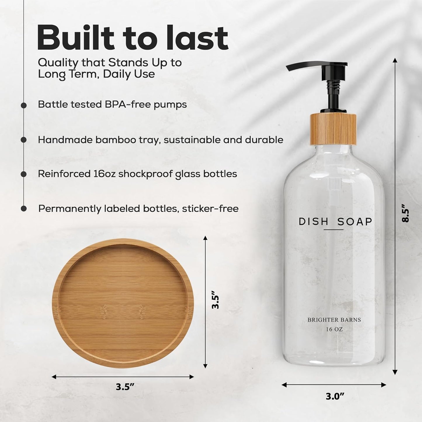 Clear Glass Dish Soap Dispenser by Brighter Barns - Kitchen Sink Set With Bamboo Tray - Modern Decor and Accessories, Minimalist Neutral Home (Clear)