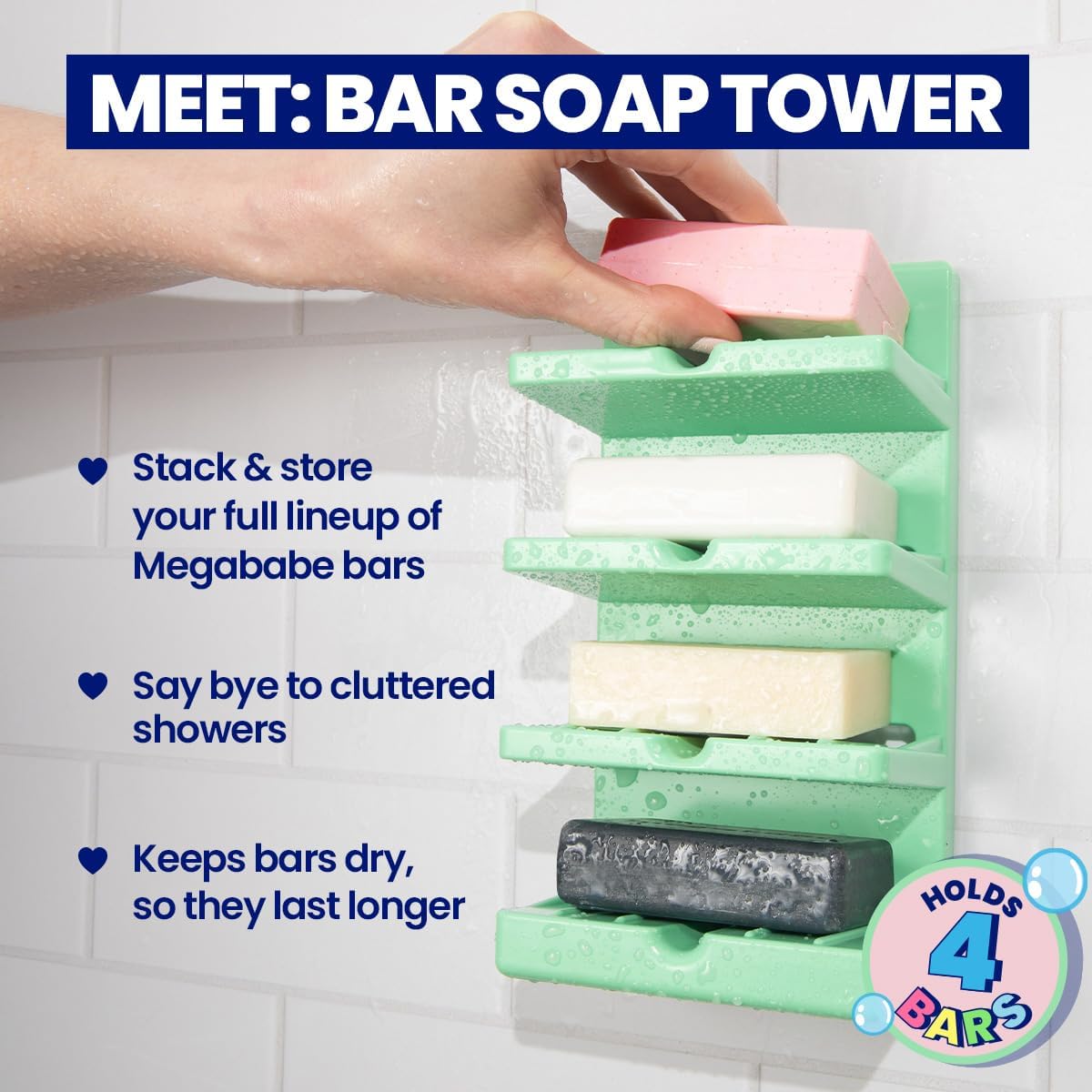 Megababe 4-Tier Bar Soap Tower | Holds 4 Bars | Suctions or Sticks | Self-Draining