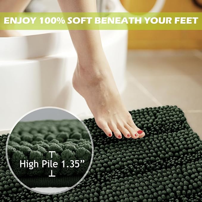 KGORGE Bathroom Rugs - Soft Bath Mat Water Absorbent Non-Slip Thick Shaggy Shower Carpe, Machine Washable, Plush Carpet Runner for Tub Kitchen Toilet Door Way, Dark Green, 60" x 24", 1 Pc