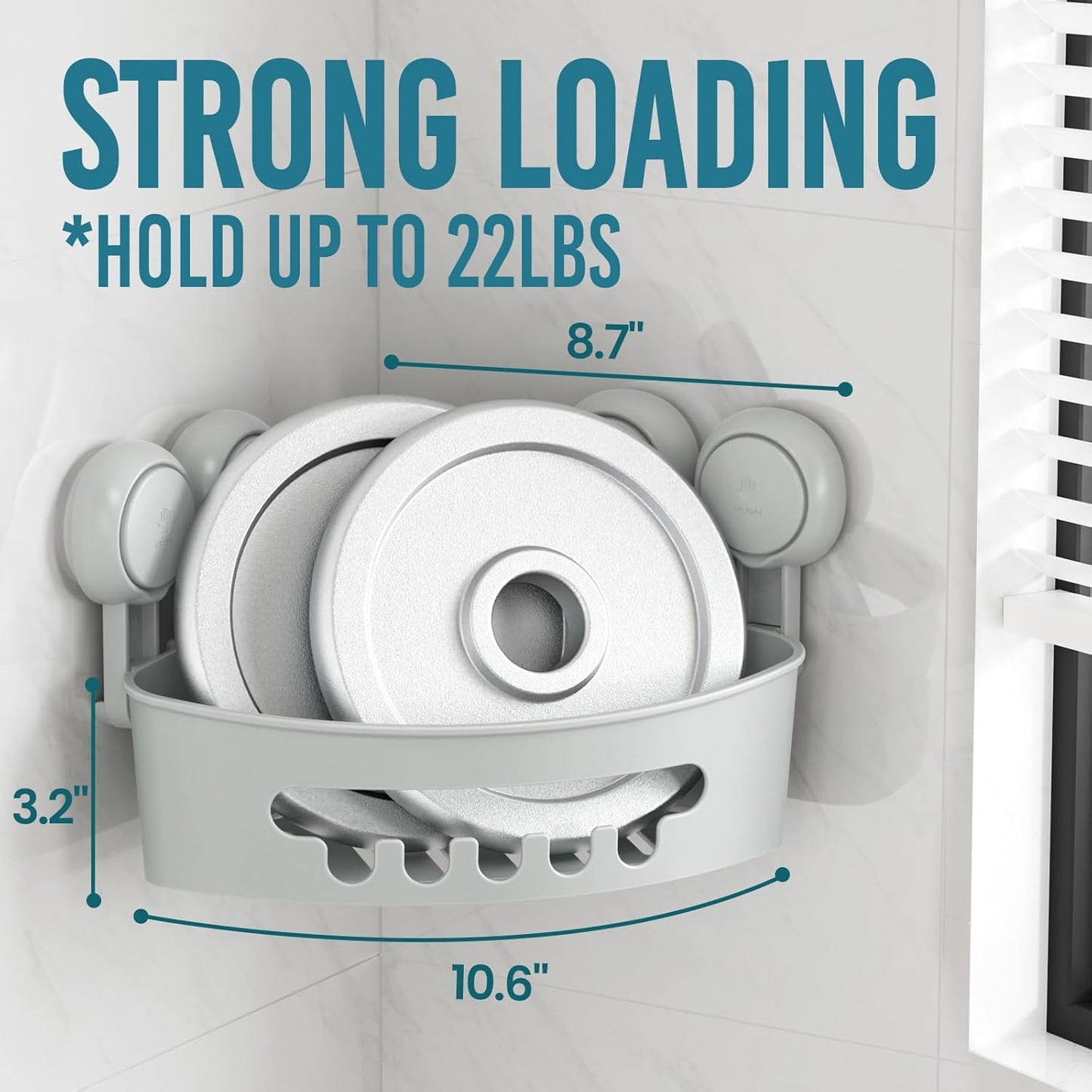 TAILI Corner Shower Caddy with Suction Cups, Wall Mounted Organizer Plastic Rack for Small Bathrooms, Kitchen, Removable Drill-Free Heavy Duty Shelf Basket, Grey