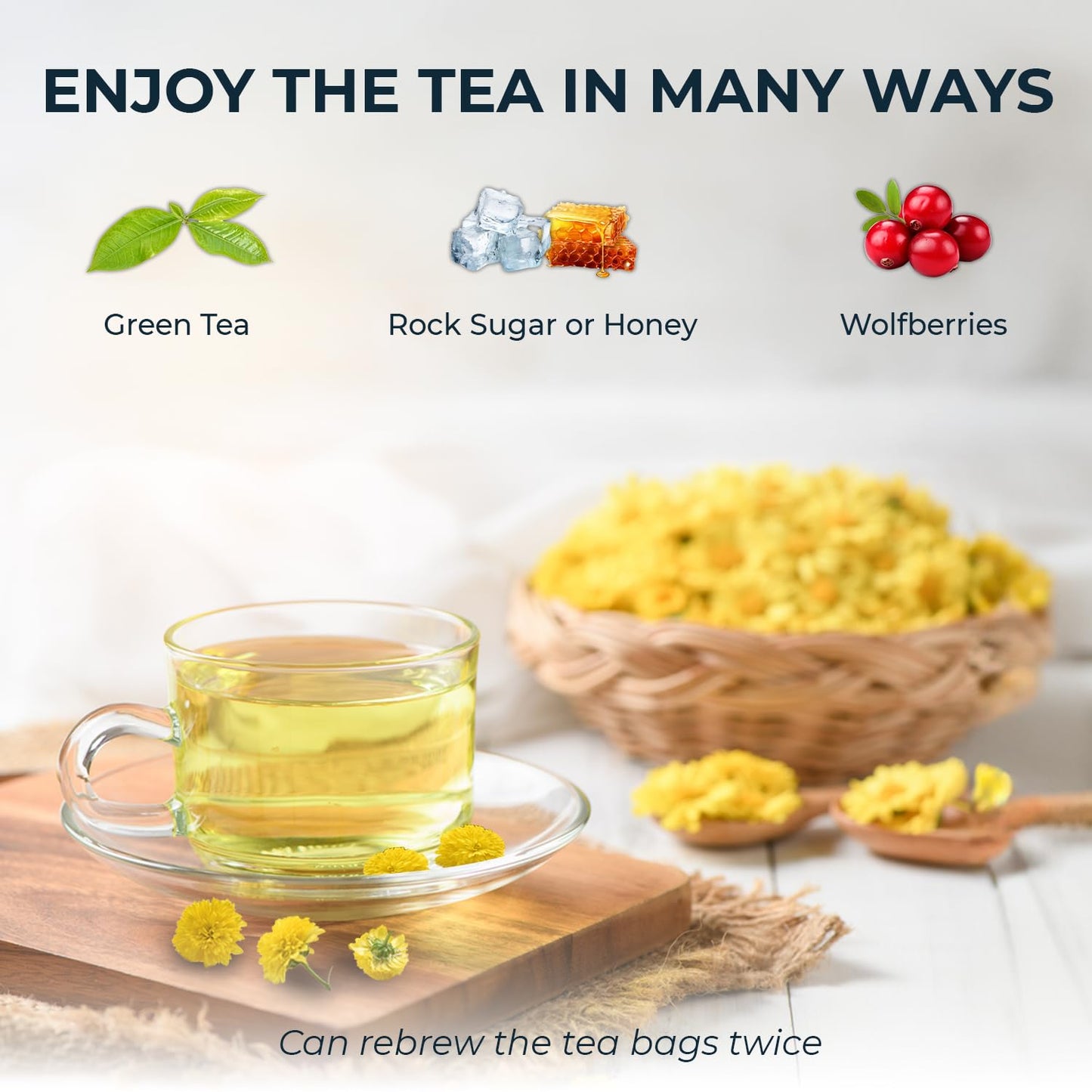 Vietnamese Chrysanthemum Tea Samplers - 10 Count + Bamboo Tong, No Sugar Added, No Caffeine, Re-Steep Chrysanthemum Floral Scent Herbal Tea for Detox, Refreshing, Relax