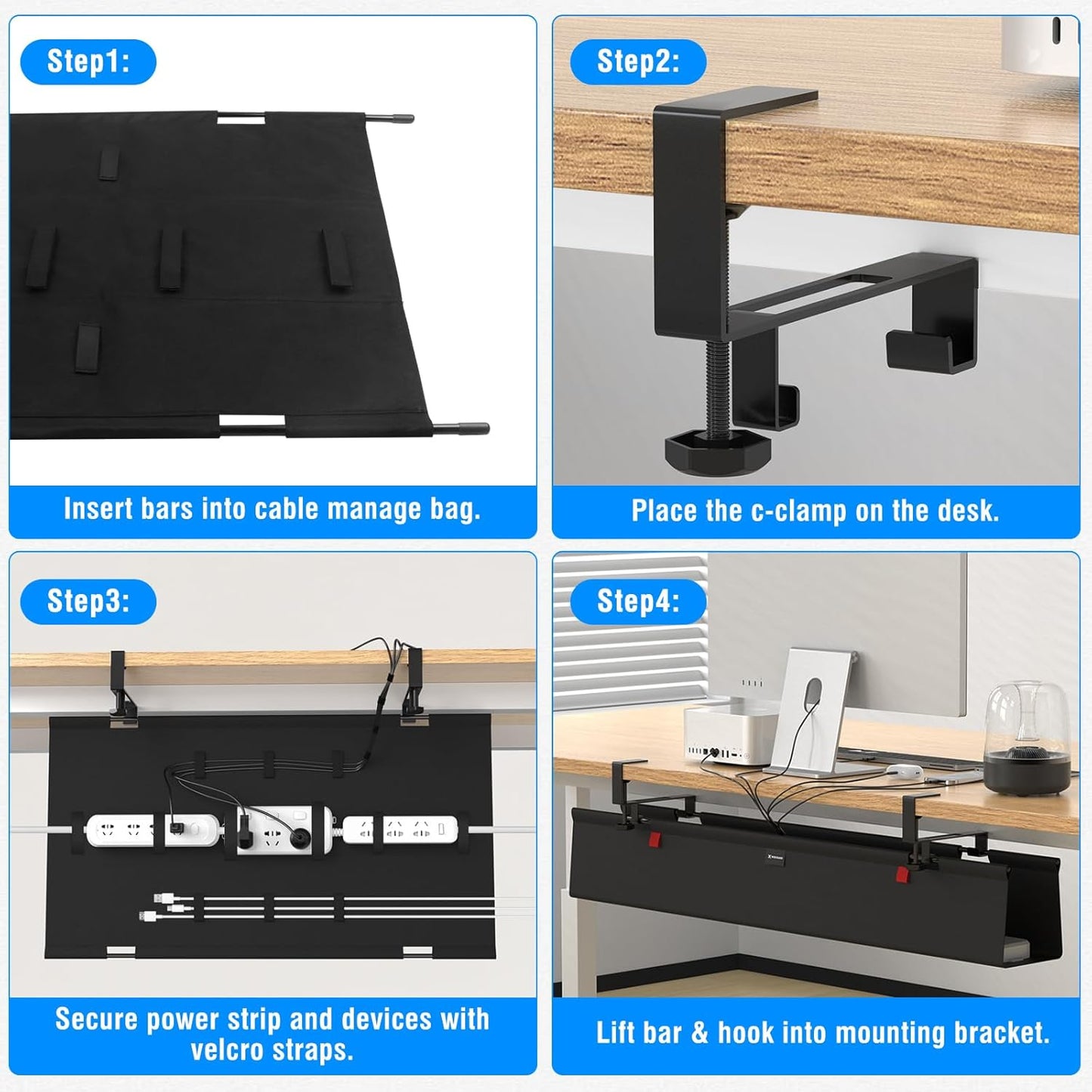 No Drill Under Desk Cable Management Tray, 36" Cord Management Tray with Cable Loop, Upgraded Oxford Fabric Wire Management for Standing Desk - No Damage to Table