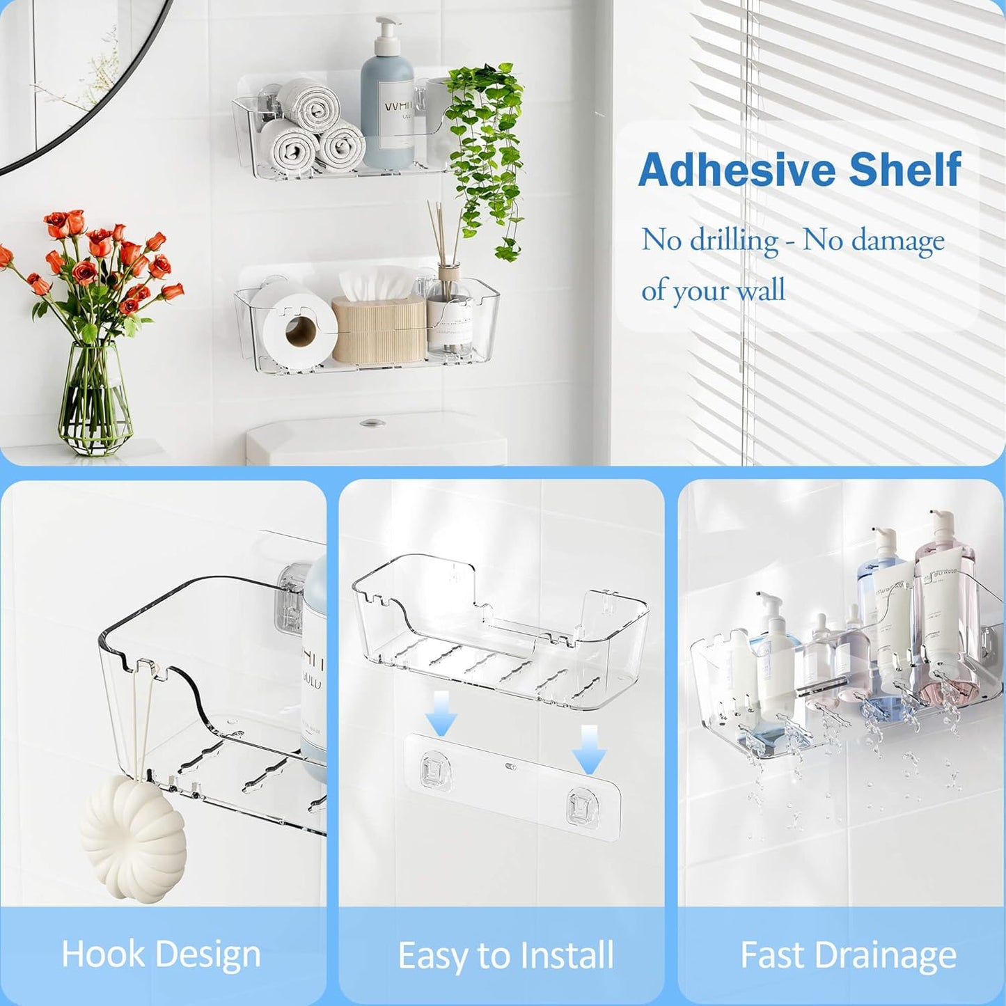 TZAMLI Acrylic Shower Caddy, Wall Mounted Adhesive Shelves with Lip, No Drilling Shower Organizer Clear Shelf for Bathroom Toilet Kitchen Storage, Large Long