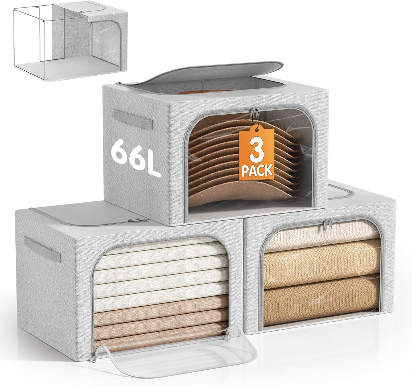 Large Size 66L 3 Pack Openings Clothes Storage Bins with Metal Frame, Stackable & Foldable Linen Storage Box with Lids, Closet Organizers, Blanket, Sweater, Baby Clothes (19.7x 15.75 x 13 Inches)