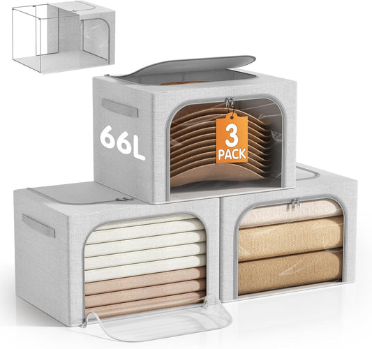 Large Size 66L 3 Pack Openings Clothes Storage Bins with Metal Frame, Stackable & Foldable Linen Storage Box with Lids, Closet Organizers, Blanket, Sweater, Baby Clothes (19.7x 15.75 x 13 Inches)