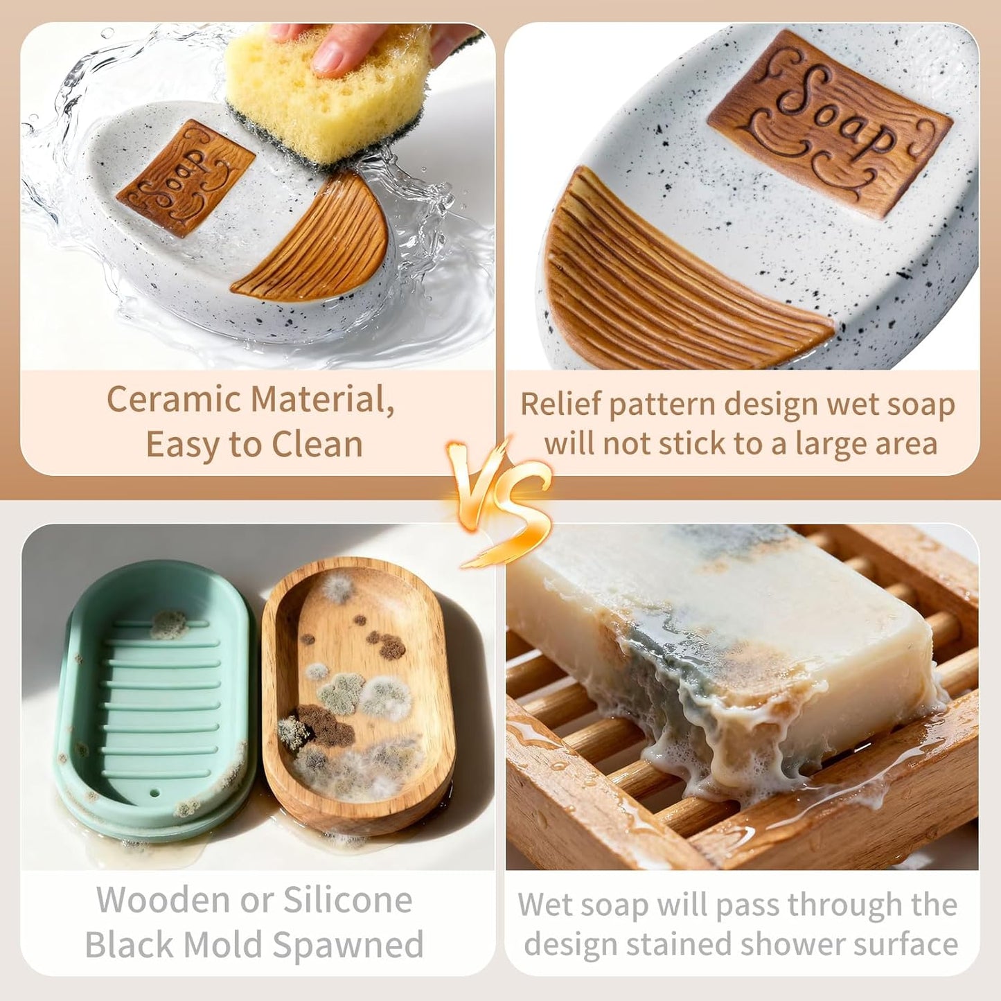 2 Pack Ceramic Soap Dish for Shower, Soap Holder for Bar Shampoo Soap Tray Container for Bathroom Kitchen Sink Decorative Sponge Saver Small Farmhouse Kitchen Home Decor