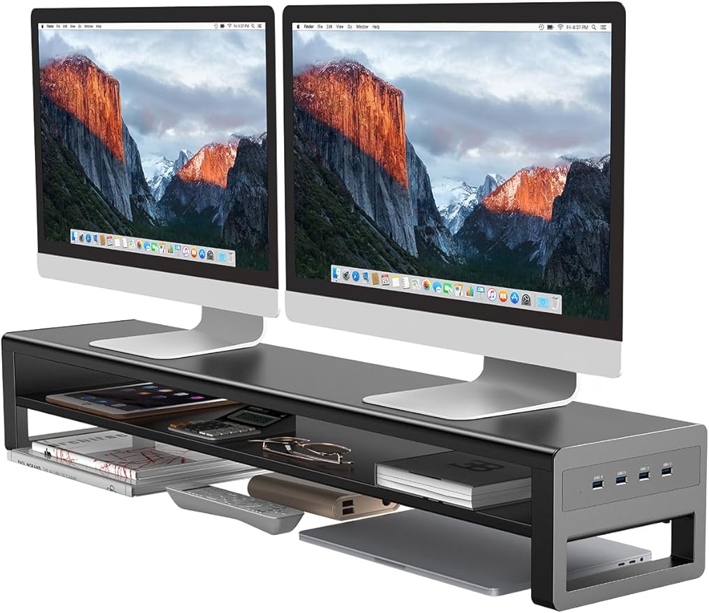 2 Tiers Dual Monitor Stand with 4 USB 3.0 Hub Ports, Double Monitor Riser, Metal Desk Stand with Storage, Long Screen Raiser for 2 Monitors/PC/Laptop/Computer Space Saver Organizer Office Home School