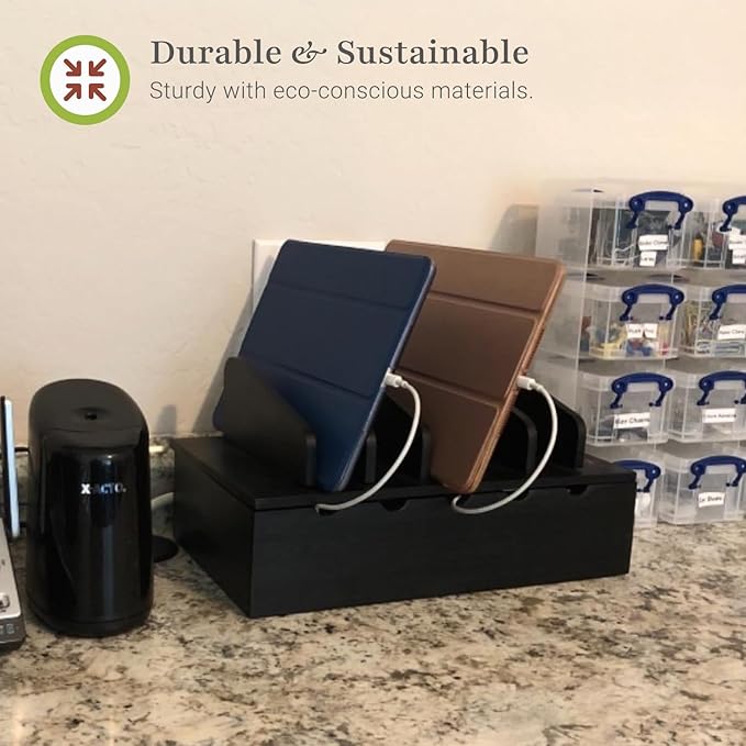 Prosumer's Choice Charging Station for Multiple Devices - 5 Device Charger Organizer for Smartphones and Tablets - Wooden Rack with Removable Dividers - Charging Dock for Work from Home - Black