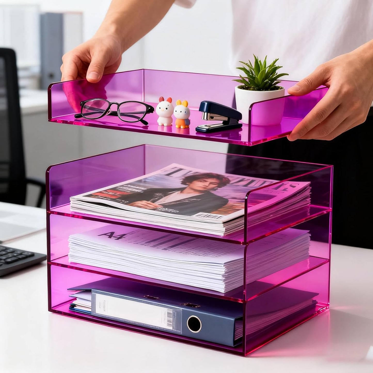 Gelite Acrylic File Organizer for Desk 4 Tiered Stackable Letter Tray Office Paper Storage Desktop Document Sorter, Purple