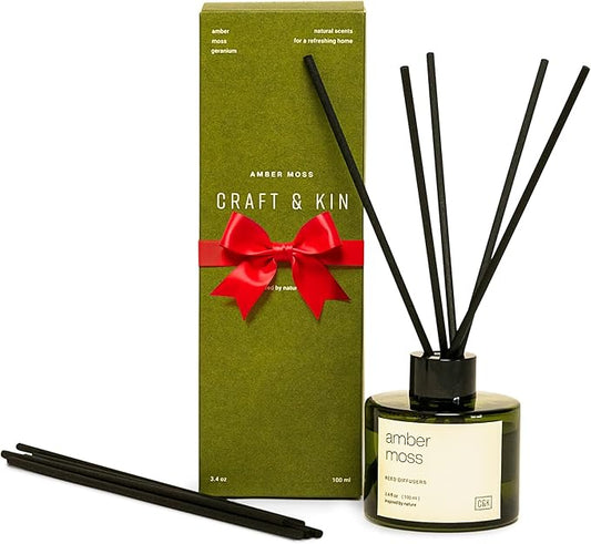 Craft & Kin Amber Moss Christmas Reed Diffuser | All Natural Essential Oil & Rattan Scent Sticks | Holiday Reed Diffusers for Home, Bathroom | Long Lasting Home Fragrance in Green Glass, 3.4oz