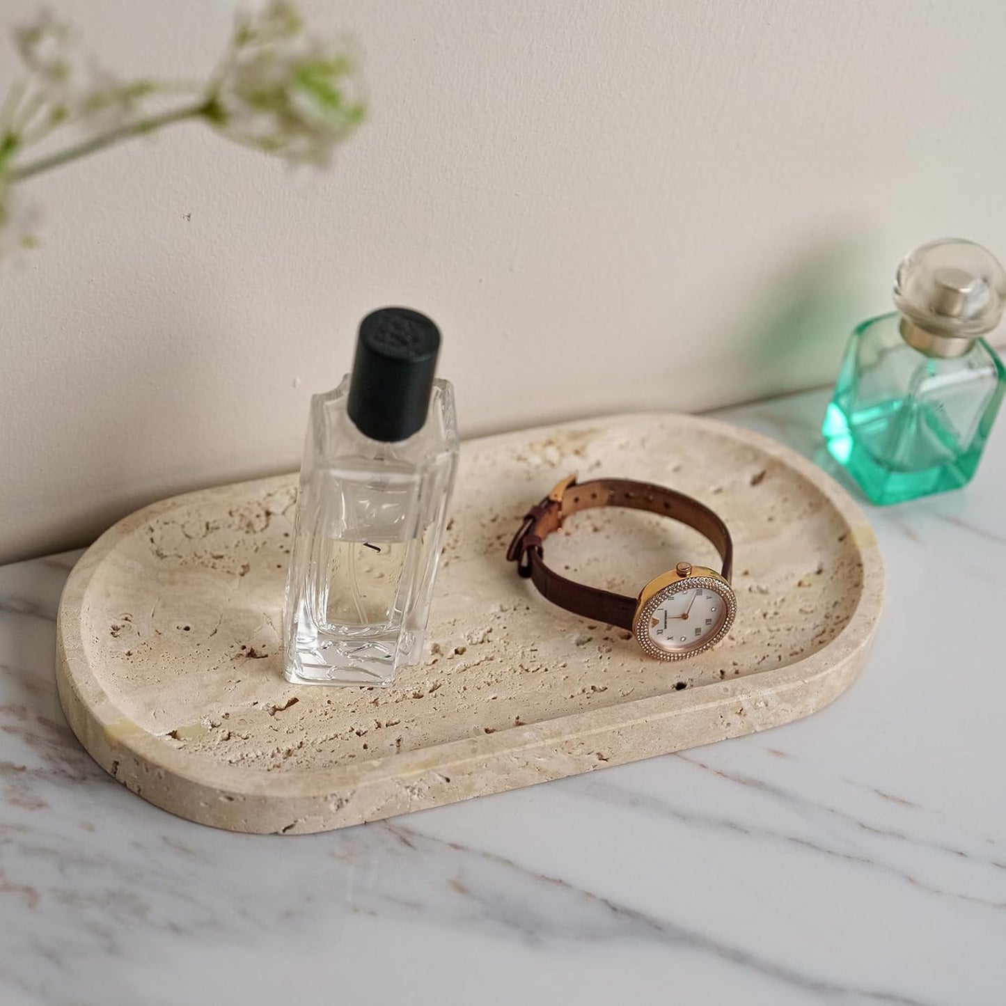 Beige Travertine Vanity Tray | Natural Stone Bathroom Organizer | Perfume & Jewelry Storage for Spa, Bedroom, Kitchen | Non-Slip Waterproof Design,11.8"x7.8"x0.6"