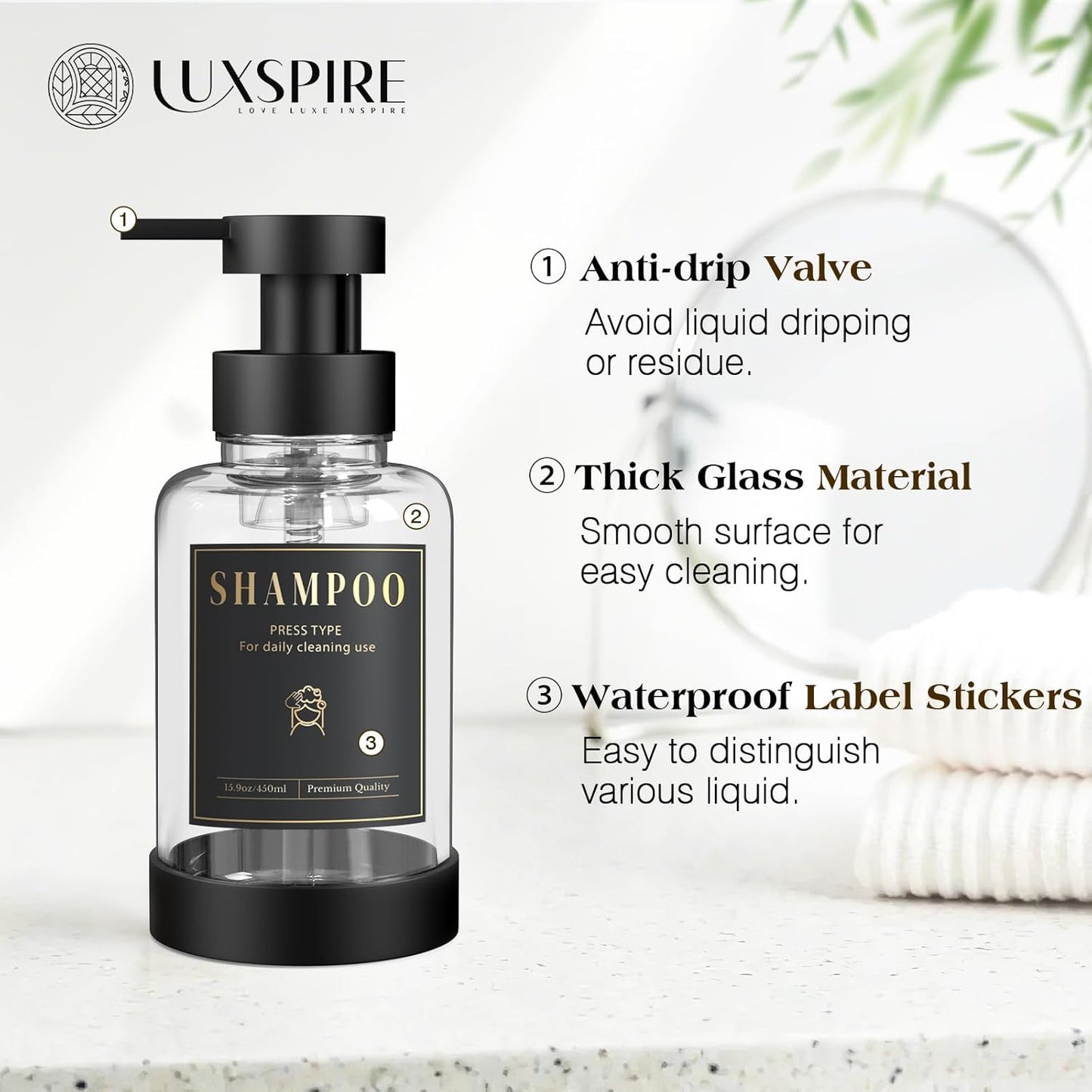 Luxspire Foaming Soap Dispenser, Non-Slip Hand Soap Dispenser with Fast Drying Tray, 15oz Glass Refillable Liquid Bottle for Bathroom & Kitchen, 2 Pack, Transparent + Dark Gray