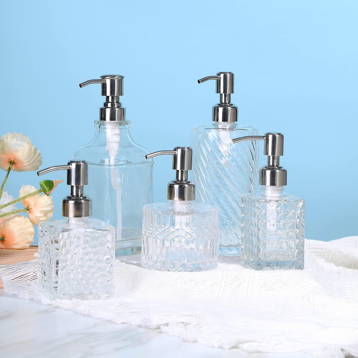 Soap Dispenser with Stainless Steel Pump, Clear Crystal Design, Vintage and Elegant, Refillable Liquid Hand Soap Dish Soap Dispensers for Bathroom Counter, Kitchen Sink (Style 3)