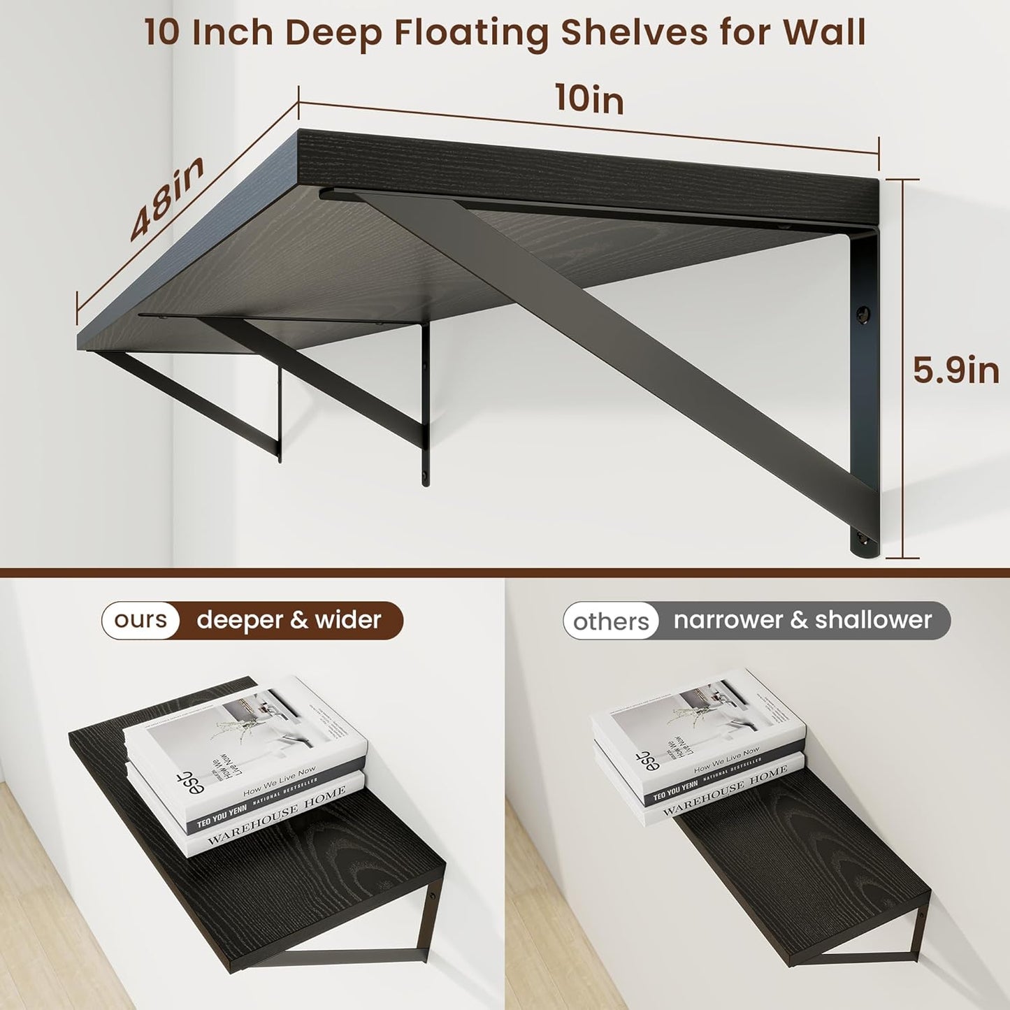 Axeman Black Floating Shelves for Wall - 48 Inch Wide x 10 Inch Deep Floating Shelves Set of 2 -Black Wide Wall Shelves for Living Room Bathroom Bedroom